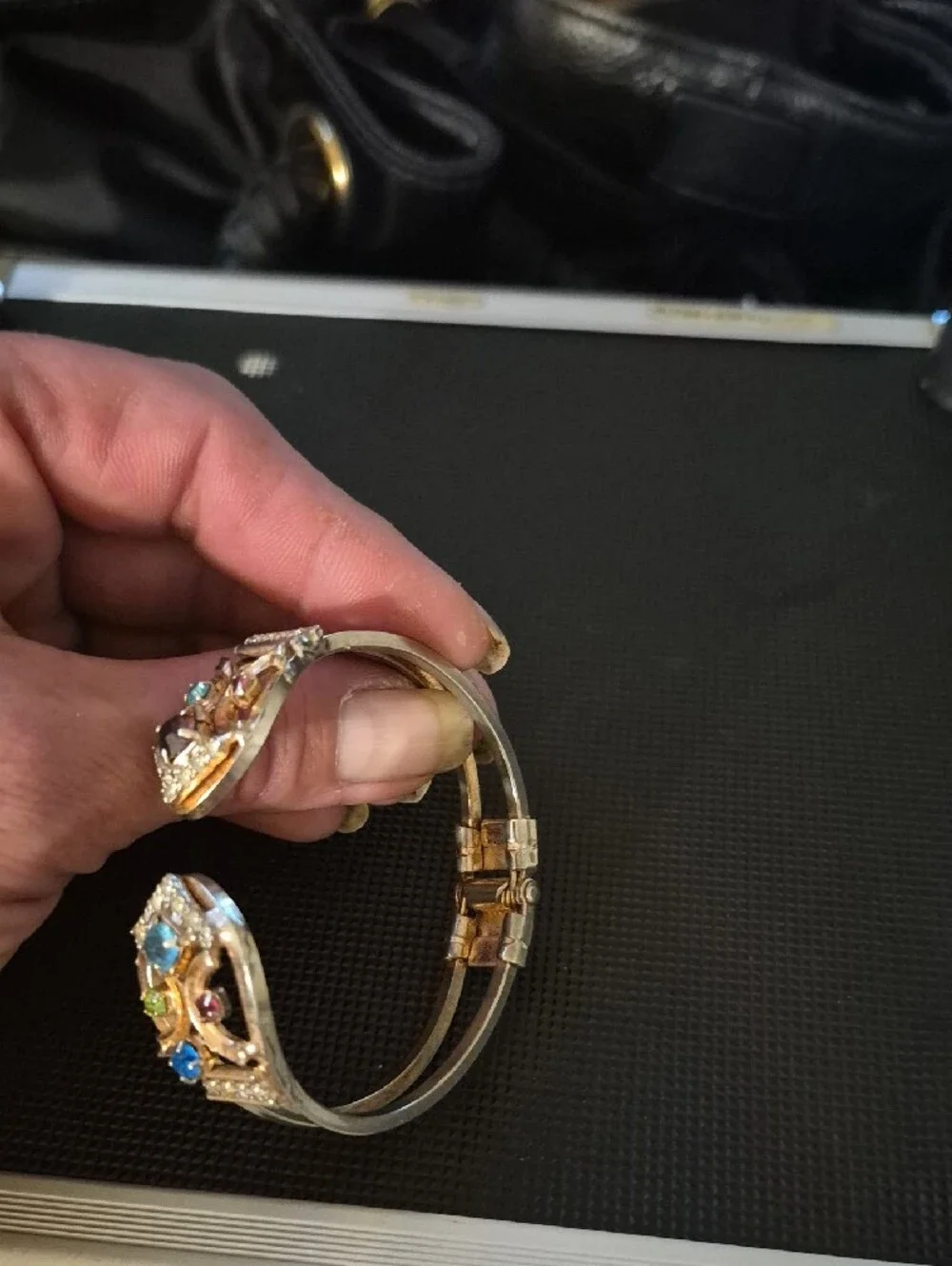 Vintage Gold Tone Grapevine Rhinestone Hinged Cuff Clamper Bracelet